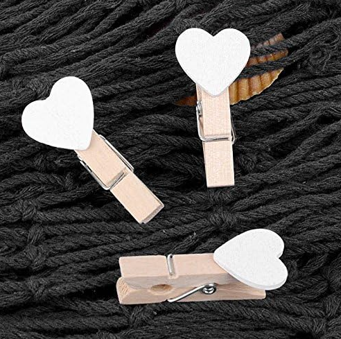 100-Piece White Mini Heart-Shaped Wooden Clothespins with Twine