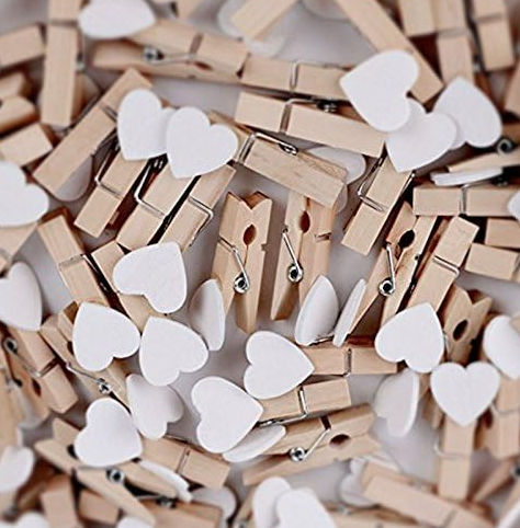 100-Piece White Mini Heart-Shaped Wooden Clothespins with Twine - Image 2